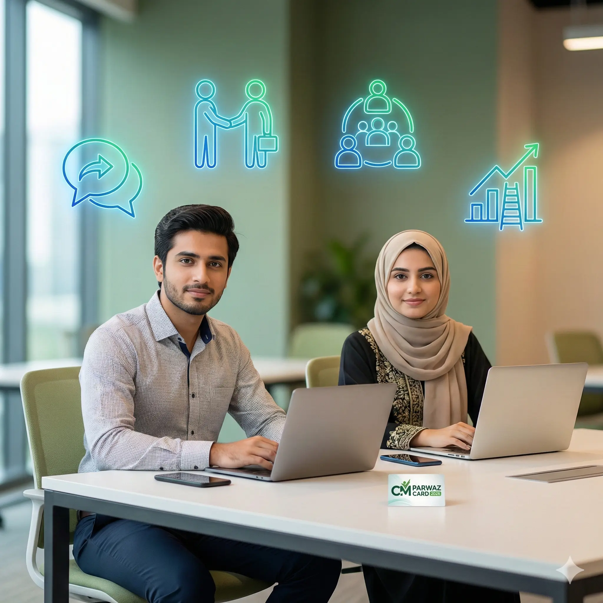 Pakistani youth learning online soft skills under CM Parwaz Card Program 2026 using laptops and mobile devices