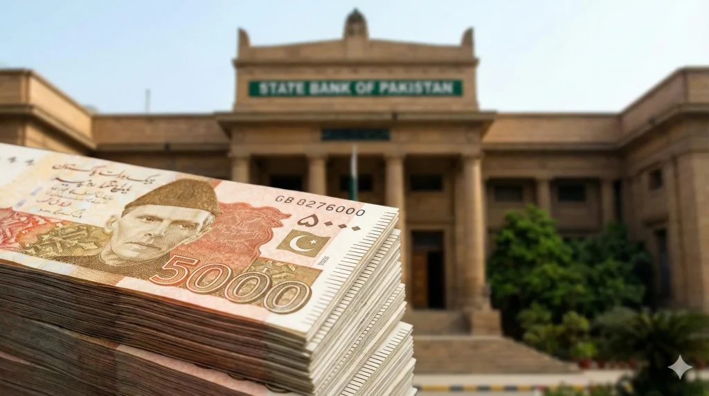 Pakistan 5000 rupees note shown with State Bank of Pakistan building and national flag