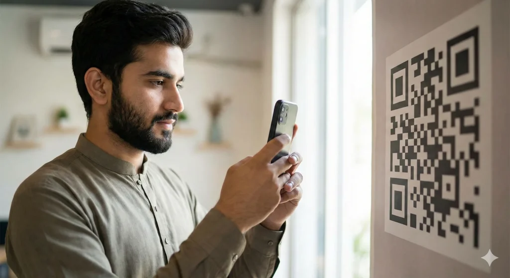 Pakistani applicant scanning PakSoftSkills app QR code to download mobile application